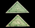 Stamp forgery. A genuine Newfoundland 1857 3d green and a fake