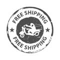Stamp grunge rubber free shipping in gray. Seal of free shipping with human on motorcycle Royalty Free Stock Photo