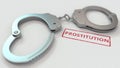 PROSTITUTION stamp and handcuffs. Crime and punishment related conceptual 3D rendering