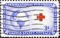 Stamp honoring the International Red Cross Founded 1864. Globe, Sun and Red Cross