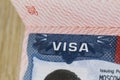 Stamp on ID- Passport with USA Visa - travel background Royalty Free Stock Photo