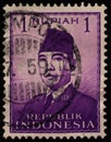 Stamp 1 Indonesian rupiah printed in the Indonesia, shows portrait of Indonesian President Sukarno, circa