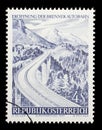 Stamp issued in the Austria shows the Brenner Highway - Europabrucke part of the Brenner Motorway