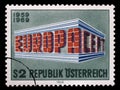 Stamp issued in the Austria shows EUROPA and CEPT forming a temple, EUROPA Stamp Royalty Free Stock Photo