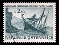 Stamp issued in the Austria shows Expedition ship Admiral Tegetthoff, painting by I. Payer Royalty Free Stock Photo