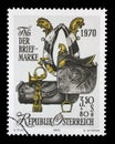 Stamp issued in the Austria shows Gala sledge horse collar, saddle, knapsack and posthorn, Day of the Stamp