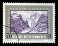 Stamp issued in the Austria shows High Voltage Power Line Lienz-Pelos, the 25th Anniversary of Nationalized Electricity Industry