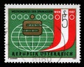 Stamp issued in the Austria shows Savings bank badge, globe and Austrian flag, World Convention of Savings Banks Vienna