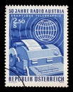 Stamp issued in the Austria shows Telex and globe, the 50th Anniversary of Radio Austria Royalty Free Stock Photo