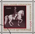 Stamp issued in the Austrian shows Equestrianism and horse riding, Spanish Horse Riding School in Vienna