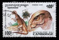 Stamp issued in Cambodia, shows Psittacosaurus, Prehistoric Animals series Royalty Free Stock Photo