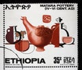 Stamp issued in the Ethiopia shows Bird-shaped jug and jugs Series: Ancient Ethiopian Pottery