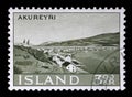 Stamp issued in Iceland shows Akureyri, Landscapes series