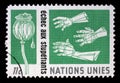 Stamp issued by UN - New York shows hand, campaign against drugs, circa 1964