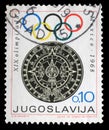 Stamp issued in Yugoslavia shows Aztec Calendar, Olympic Games Mexico series