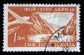 Stamp issued in Yugoslavia shows Danube breakthrough at the Iron Gate, Airplanes and Landscapes series, circa 1951