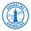 Stamp or label with Lighthouse silhouette and text Shoreline