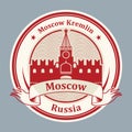 Stamp or label with Moscow Kremlin and text Moscow, Russia