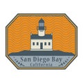 Stamp or label with text Old Point Loma Lighthouse, San Diego Bay Royalty Free Stock Photo