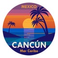 Stamp or label with the tropical beach and words Cancun, Mexico Royalty Free Stock Photo