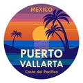 Stamp or label with the tropical island and words Puerto Vallarta, Mexico