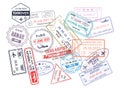 Stamp in passport for traveling an open passport. International arrival visa stamps vector Mexico, Australia, Hong Kong, Canada Royalty Free Stock Photo