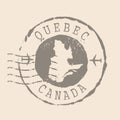 Stamp Postal of Quebec. Map Silhouette rubber Seal. Design Retro Travel.