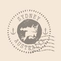 Stamp Postal of Sydney is city of Australia. Map Silhouette rubber Seal. Design Retro Travel. Seal of Map Sydney grunge