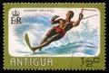 Stamp printed in Antigua shows water skiing