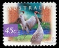 Stamp printed in the Australia shows Brolga, Grus Rubicunda, Wetland Bird