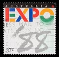 Stamp printed in Australia shows Expo `88 Logo, World Fair, Brisbane