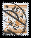 Stamp printed in Austria, is depicted Fields Crossed by Telegraph Wires Royalty Free Stock Photo