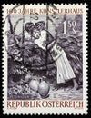 Stamp printed in Austria shows engraving after painting The Kiss by famous Austrian painter August von Pettenkofen