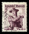 Stamp printed in Austria shows image woman in national Austrian costumes, Ziller Valley