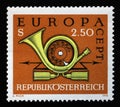 Stamp printed in Austria, shows the Post Horn and Telephone