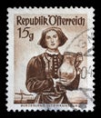 Stamp printed in Austria shows woman in national Austrian costumes, Burgenland, Lutzmannsburg