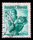 Stamp printed in Austria shows woman in national Austrian costumes, Lower Austria, Wachau