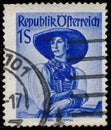 Stamp printed in Austria, shows a woman in national dress, Tirol, Pustertal