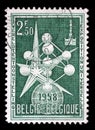 Stamp printed in the Belgium shows The Atom and Exposition Emblem, 1958 Worlds Fair