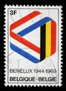 Stamp printed in the Belgium shows Mobius Strip in Benelux Colors