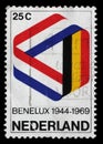 Stamp printed in the Belgium shows Mobius Strip in Benelux Colors