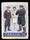 Stamp printed by Canada, shows 1910 Gunner`s Mate, World War II Officer