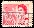 A stamp printed in Canada shows Royal families, Queen Elizabeth II, Wilding Portrait serie