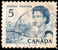 A stamp printed in Canada shows Royal families, Queen Elizabeth II, Wilding Portrait serie