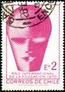 Stamp printed in the Chile shows emblem of international education year in Chile