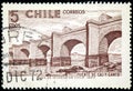 Stamp printed in Chile shows first large bridge Cal y Canto over Mapocho River, exploration and development of Chile