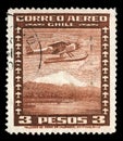 Stamp printed in Chile shows Stinson Faucett F.19 seaplane in flight