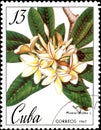 Stamp printed in Cuba shows image of a Plumieria alba, circa 1967