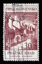 Stamp printed in Czechoslovakia shows Golden street at Prague Castle