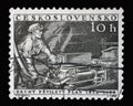 Stamp printed in Czechoslovakia shows Miner with drill 2nd Five-Year Plan